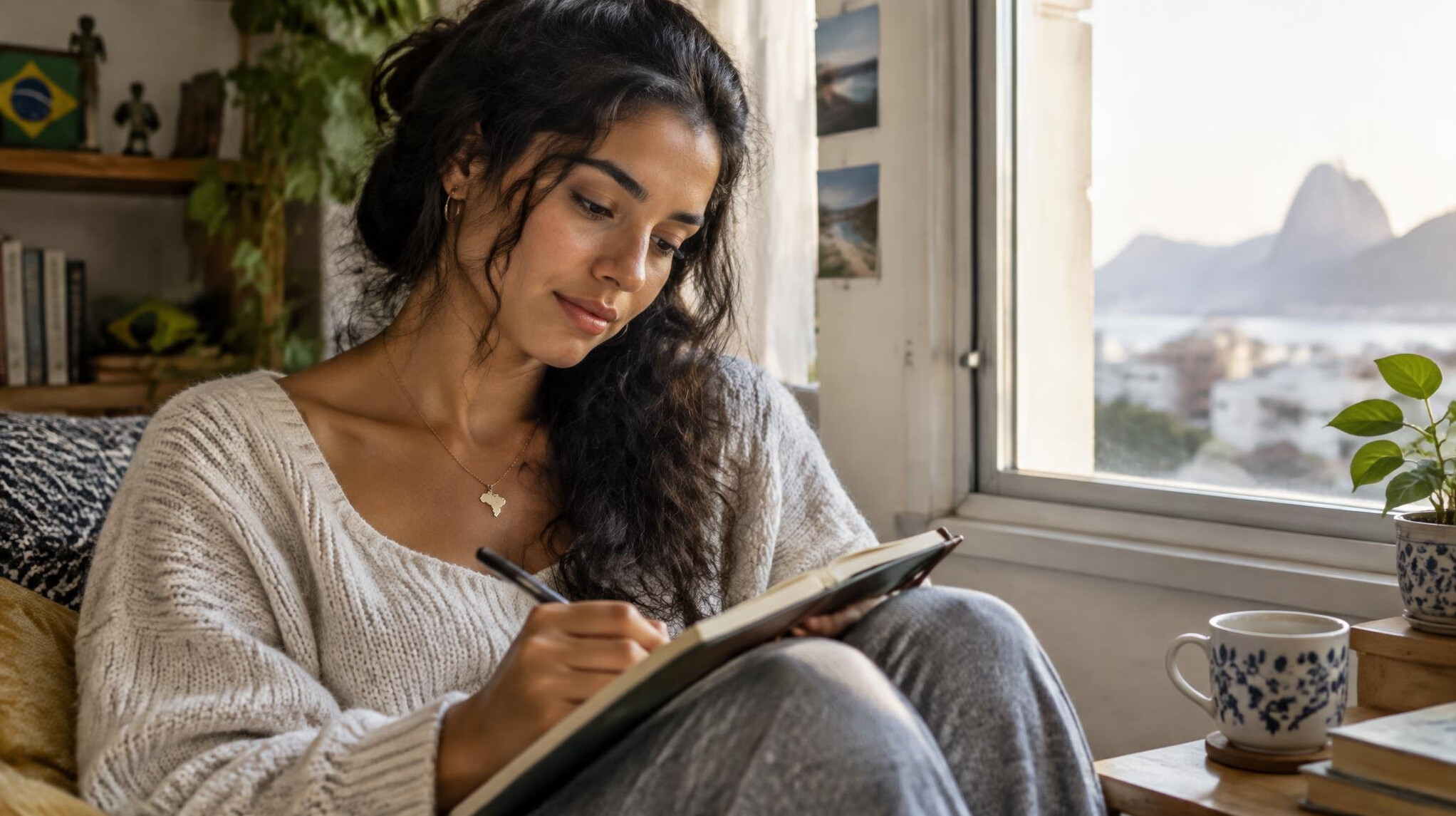 Person writing in a journal by a window