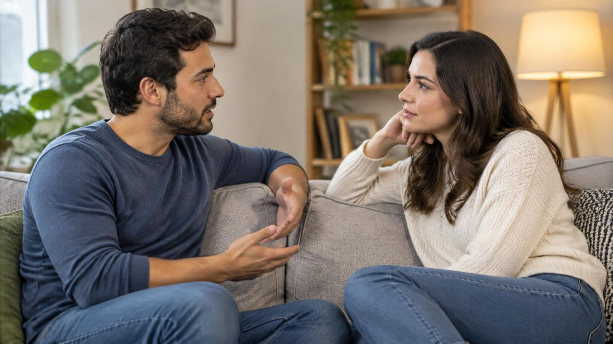 couple talking on couch