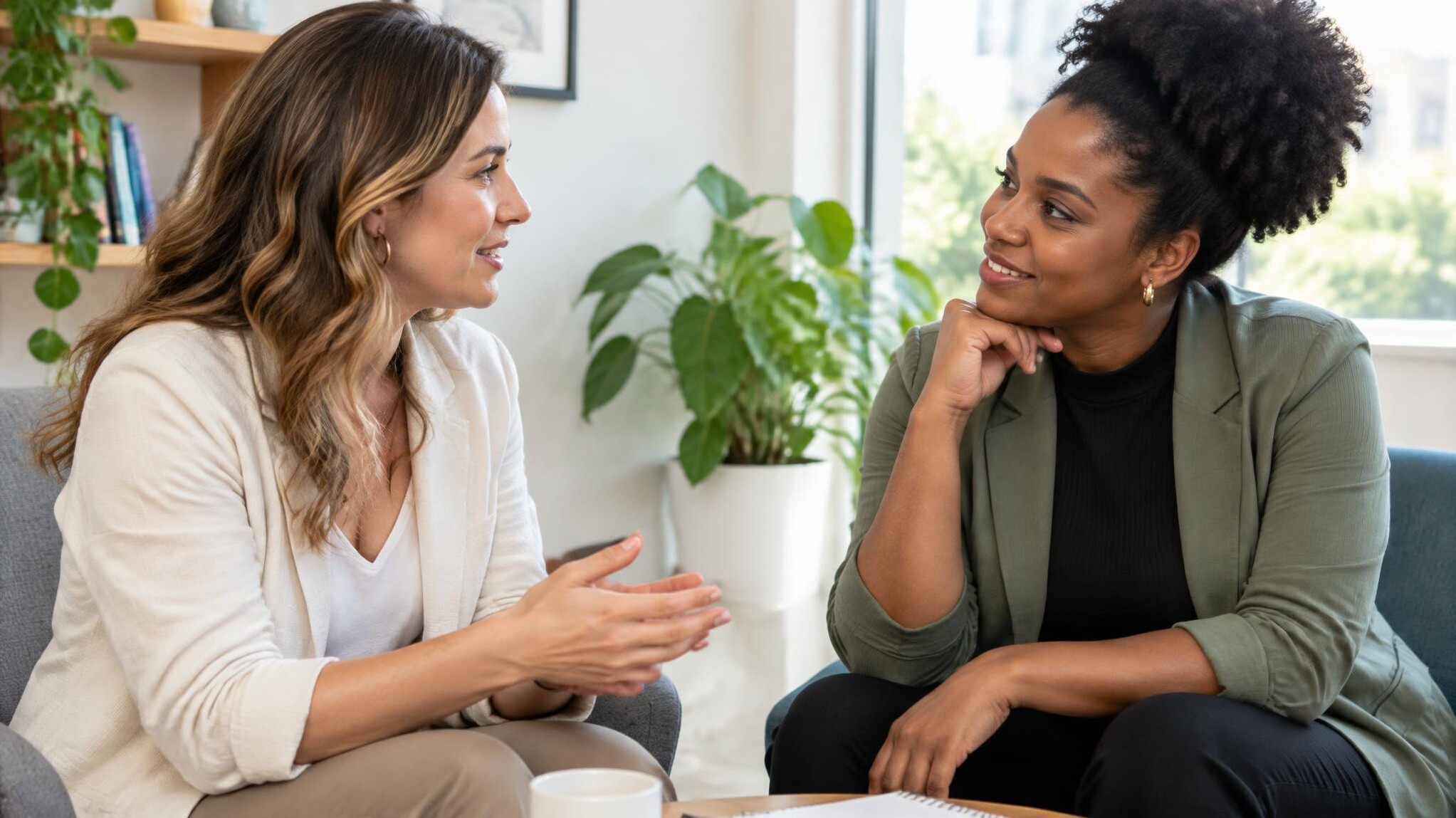 Two women having a friendly conversation indoors