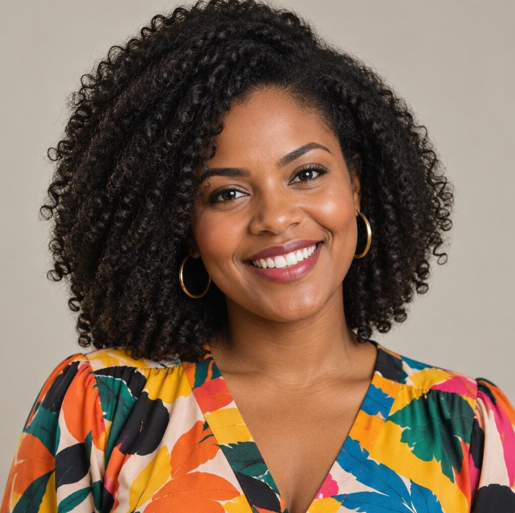 Studio portrait of a Brazilian woman with curly hair