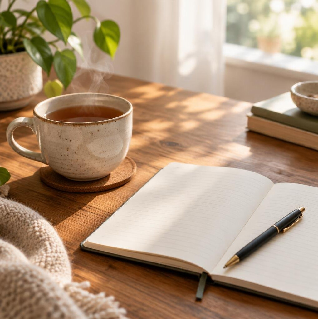 Cup of tea and a notebook on a table