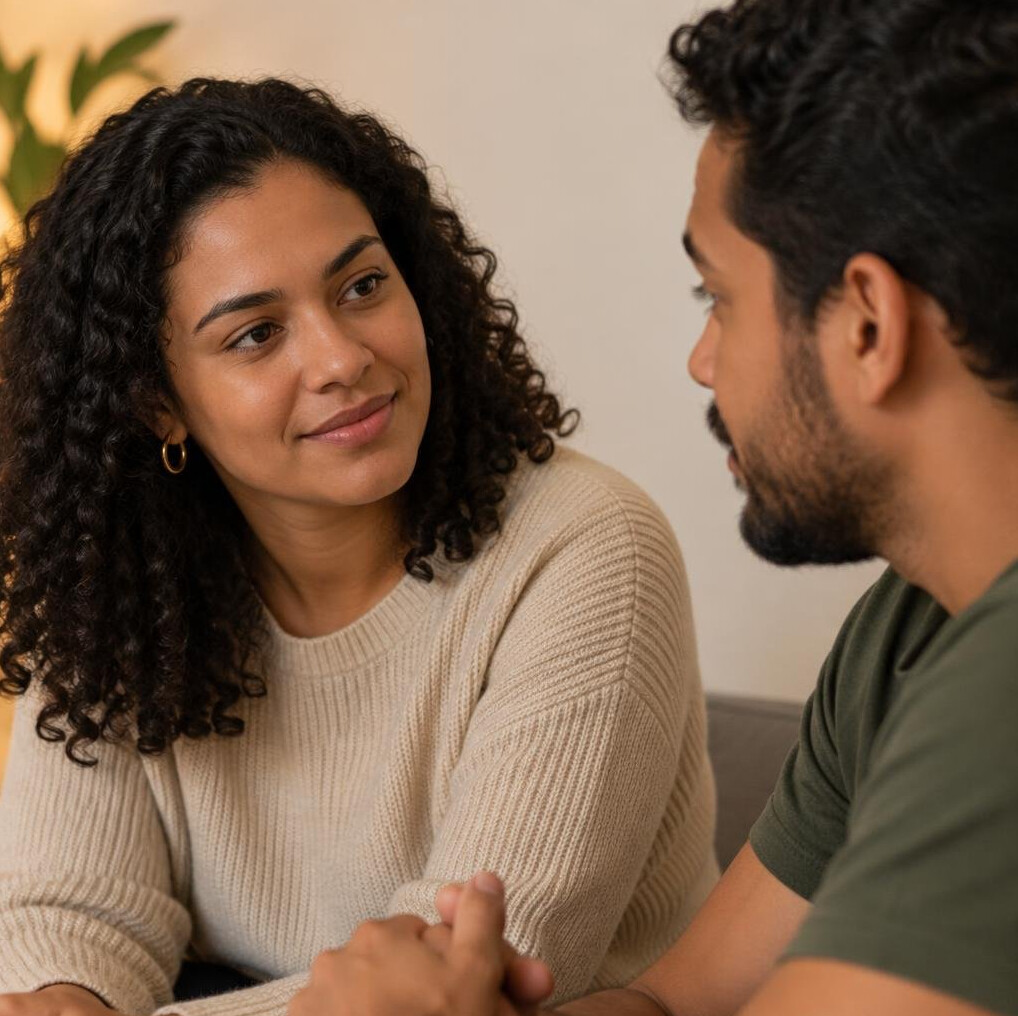 Two people talking calmly and attentively
