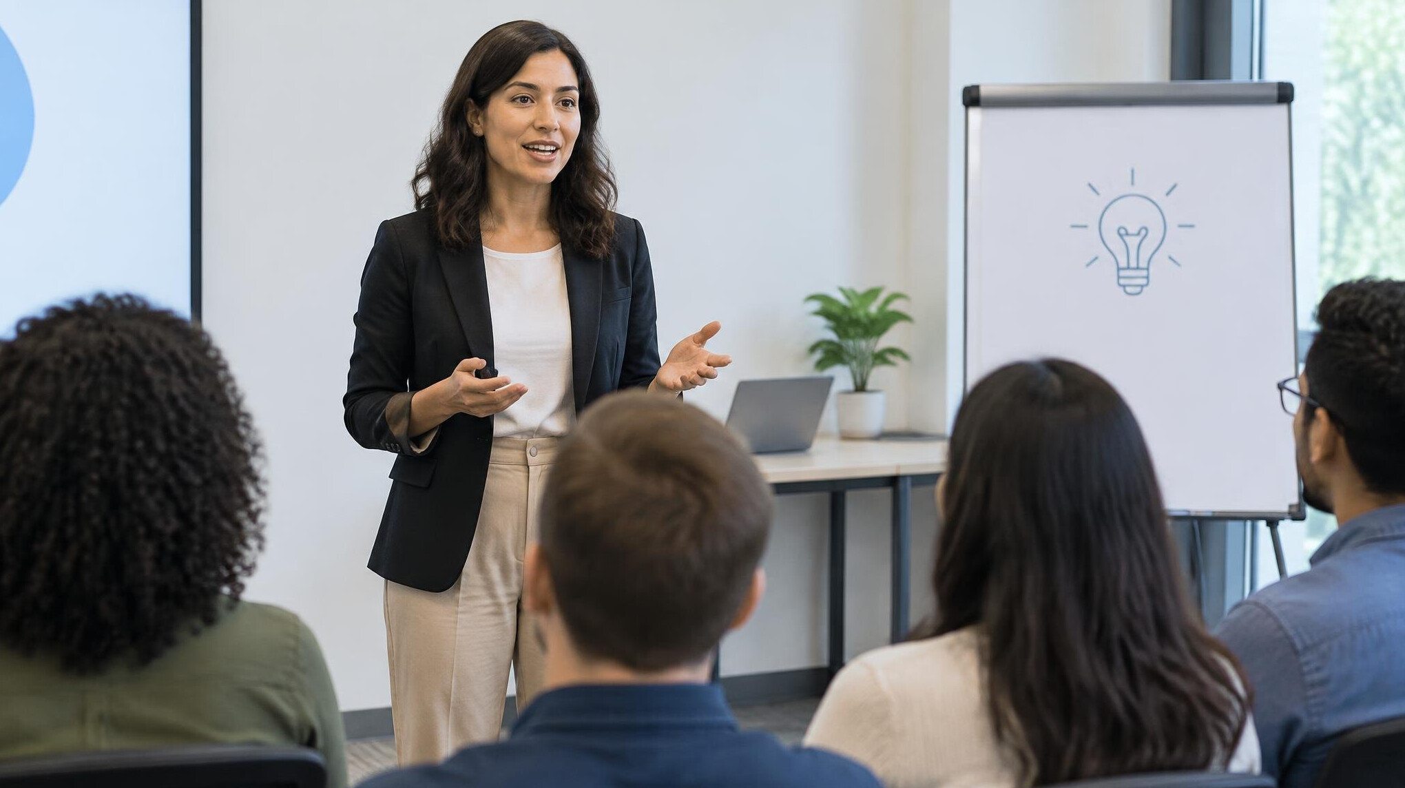 woman speaking in front of small group